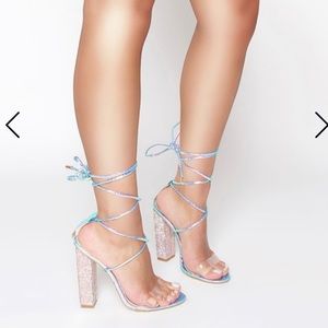 KARLA RAINBOW SNAKE CLEAR LACE UP DIAMANTE HEELS *NWOT*